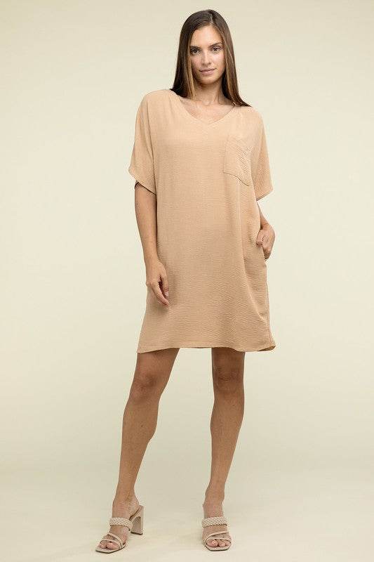 Woven Airflow V Neck T-Shirt Dress with Pockets - Shop Style & More | Fresh Looks, Everyday Deals & Free Shipping
