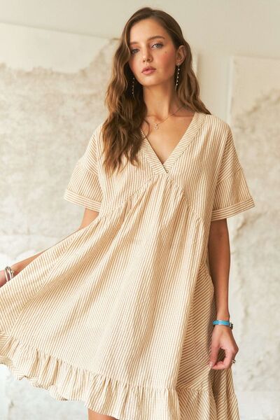 ADORA Ruffled Hem Striped V-Neck Babydoll Dress Casual Dresses