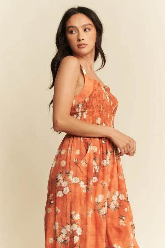 Davi & Dani Floral Ruffle Square Neck Smocking Bodice Jumpsuit - Shop Style & More | Fresh Looks, Everyday Deals & Free Shipping