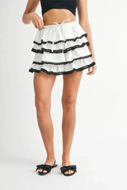 MABLE Poplin Ruffle Layered Contract Lace Trim Mini Skirt - Shop Style & More | Fresh Looks, Everyday Deals & Free Shipping