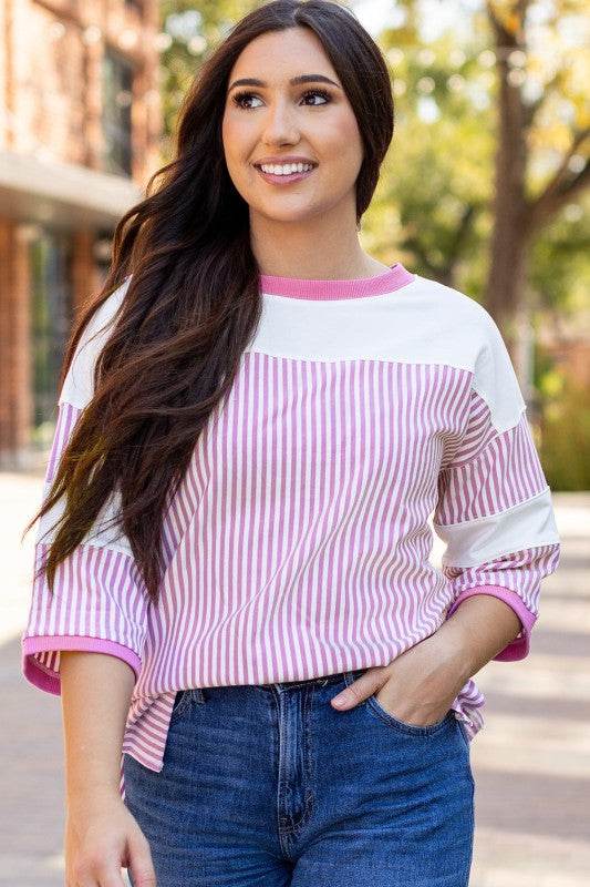 Aliyah Striped Patchwork 3/4 Sleeve Casual Top - Shop Style & More | Fresh Looks, Everyday Deals & Free Shipping