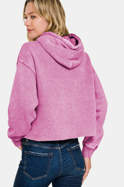 Zenana Acid Wash Fleece Cropped Hoodie Hoodies & Sweaters