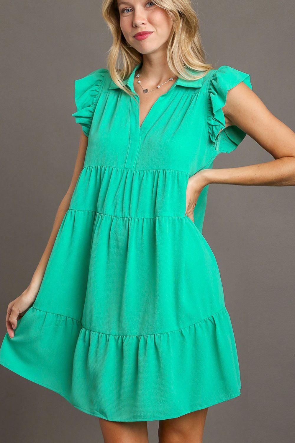 Umgee Full Size Johnny Collar Ruffle Cap Sleeve Tiered Dress Plus Size Jade Green Casual Dresses