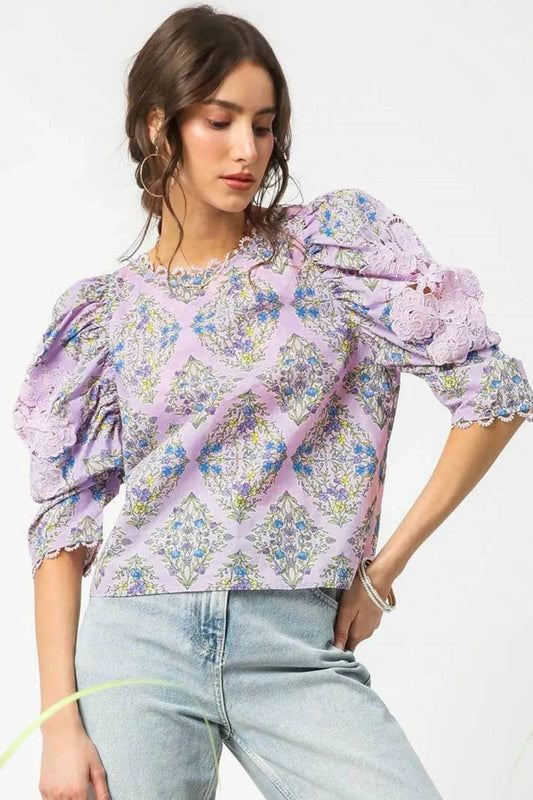Umgee Printed Lace Puff Sleeve Blouse - Shop Style & More | Fresh Looks, Everyday Deals & Free Shipping