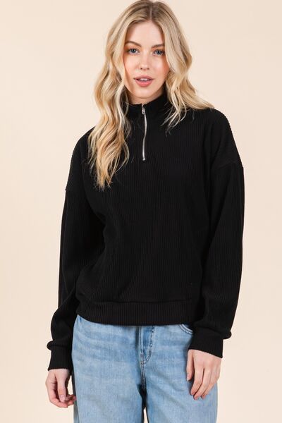 BOMBOM Quarter Zip Long Sleeve Sweatshirt with Pockets Black Hoodies & Sweaters