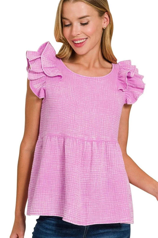 Zenana Double Gauze Acid Washed Tiered Ruffle Peplum Top - Shop Style & More | Fresh Looks, Everyday Deals & Free Shipping