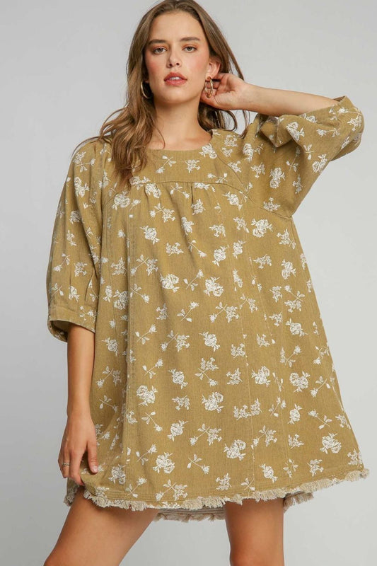 Umgee Raw Hem Floral Print Round Neck Denim Dress Mocha Casual Dresses