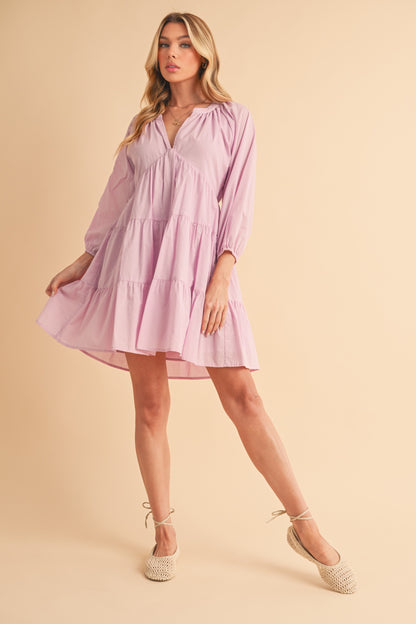 Aemi + Co Notched Balloon Sleeve Tiered Mini Dress Casual Dresses