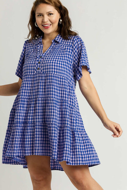 Umgee Full Size Gingham Tiered Button Detail Short Sleeve Dress Plus Size Casual Dresses