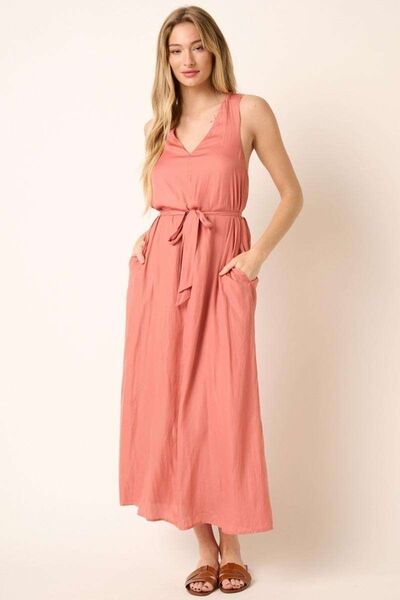 Mittoshop Cross Back Belted V Neck Tank Maxi Dress Ginger Casual Dresses