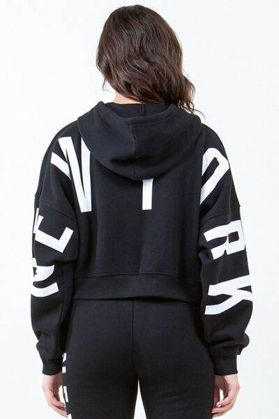 American Bazi Letter Graphic Long Sleeve Drawstring Cropped Hoodie - Shop Style & More | Fresh Looks, Everyday Deals & Free Shipping