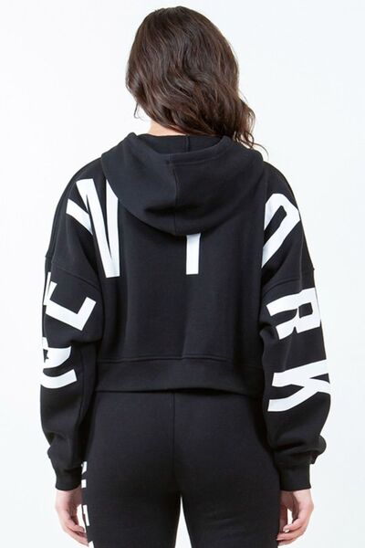 American Bazi Letter Graphic Long Sleeve Drawstring Cropped Hoodie Black Hoodies & Sweaters