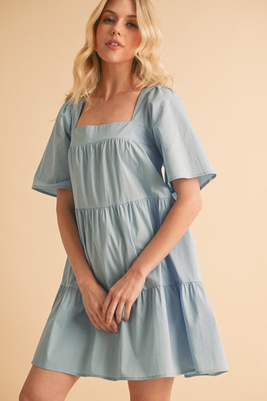 Aemi + Co Square Neck Half Sleeve Tiered Dress Light Blue Casual Dresses