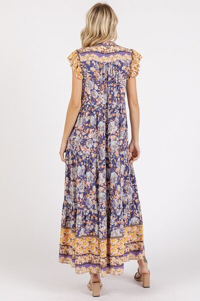 Mittoshop Floral Ruffled Notched Cap Sleeve Maxi Dress Casual Dresses