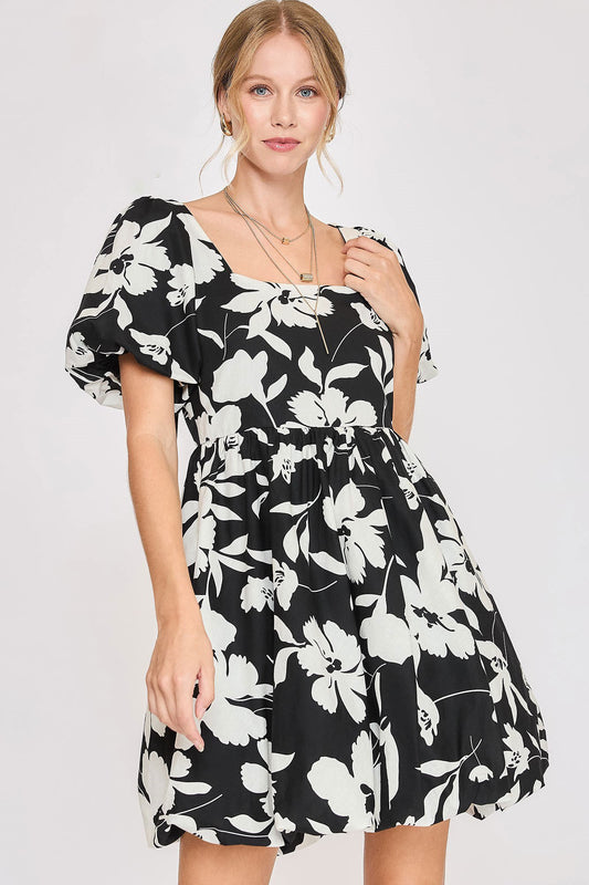 Umgee Full Size Two Tone Floral Print Babydoll Dress Plus Size Black White Casual Dresses