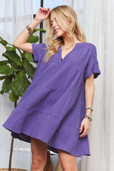 ADORA Tiered Notched Short Sleeve Dress Casual Dresses