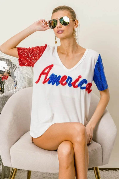 BiBi Metallic Letter V-neck Sequin Sleeves Top - Shop Style & More | Fresh Looks, Everyday Deals & Free Shipping