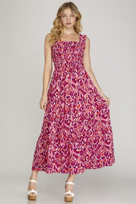 She + Sky Full Size Smocked Printed Wide Strap Tiered Dress Plus Size Deep Rose Casual Dresses