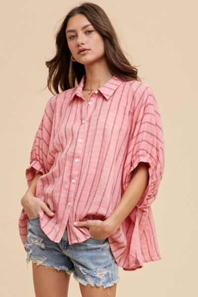 Annie Wear Striped Button Up Half Sleeve Shirt Blouses