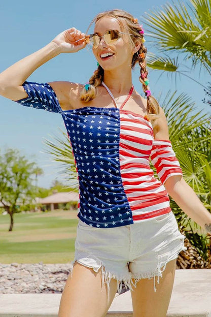 BiBi American Flag Off Shoulder With Front Ruched Top - Shop Style & More | Fresh Looks, Everyday Deals & Free Shipping