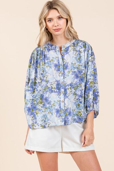 Mittoshop Flower Print Batwing Sleeve Button Down Blouse Blouses