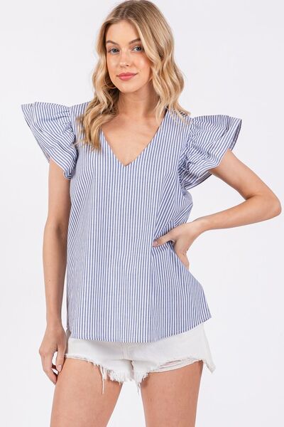 Ces Femme Striped V-Neck Ruffled Cap Sleeve Blouse Blouses