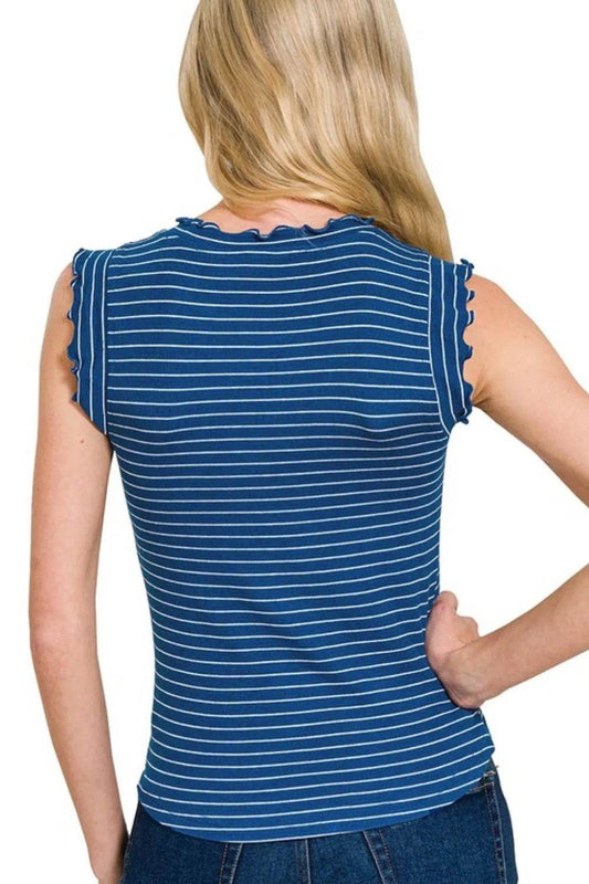 Zenana Ribbed Ruffle Trim Sleeveless Stripe Top - Shop Style & More | Fresh Looks, Everyday Deals & Free Shipping