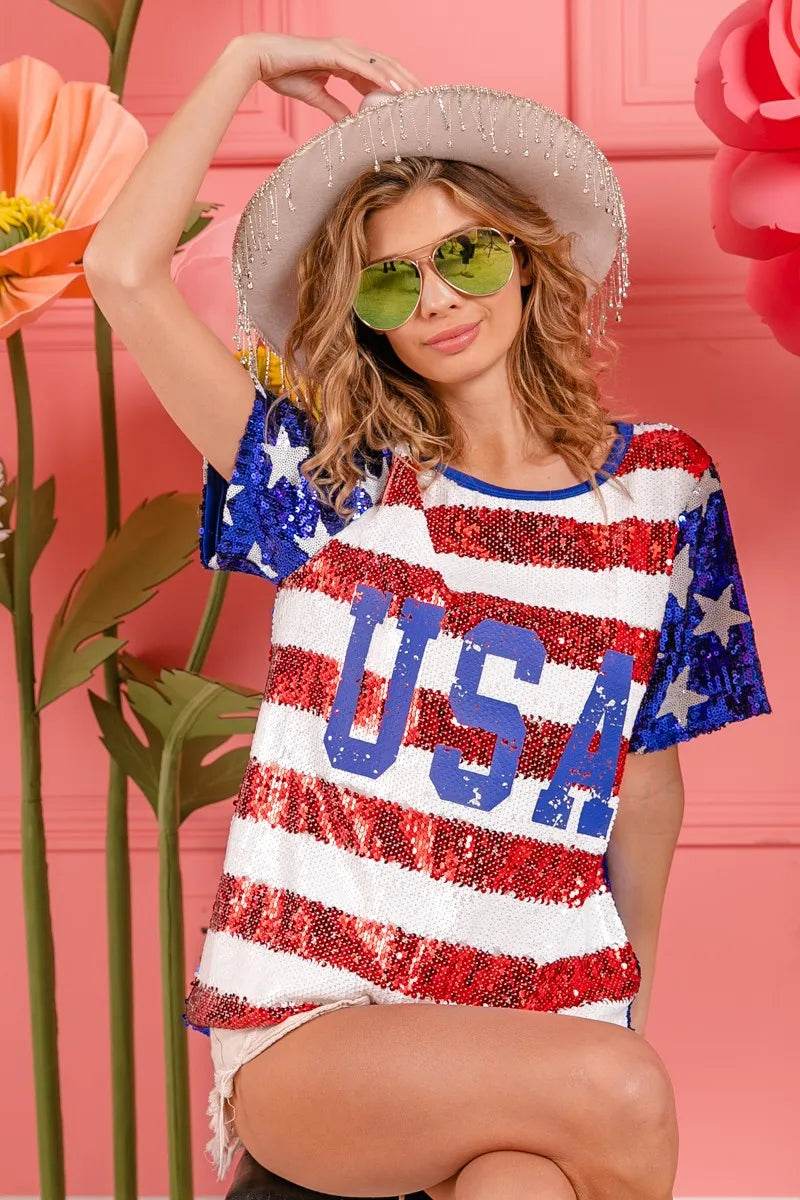 BiBi American Flag Theme USA Lettering Sequin Top - Shop Style & More | Fresh Looks, Everyday Deals & Free Shipping