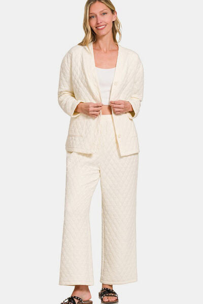 Zenana Quilted Button Up Long Sleeve Top and Pants Lounge Set Lounge Set