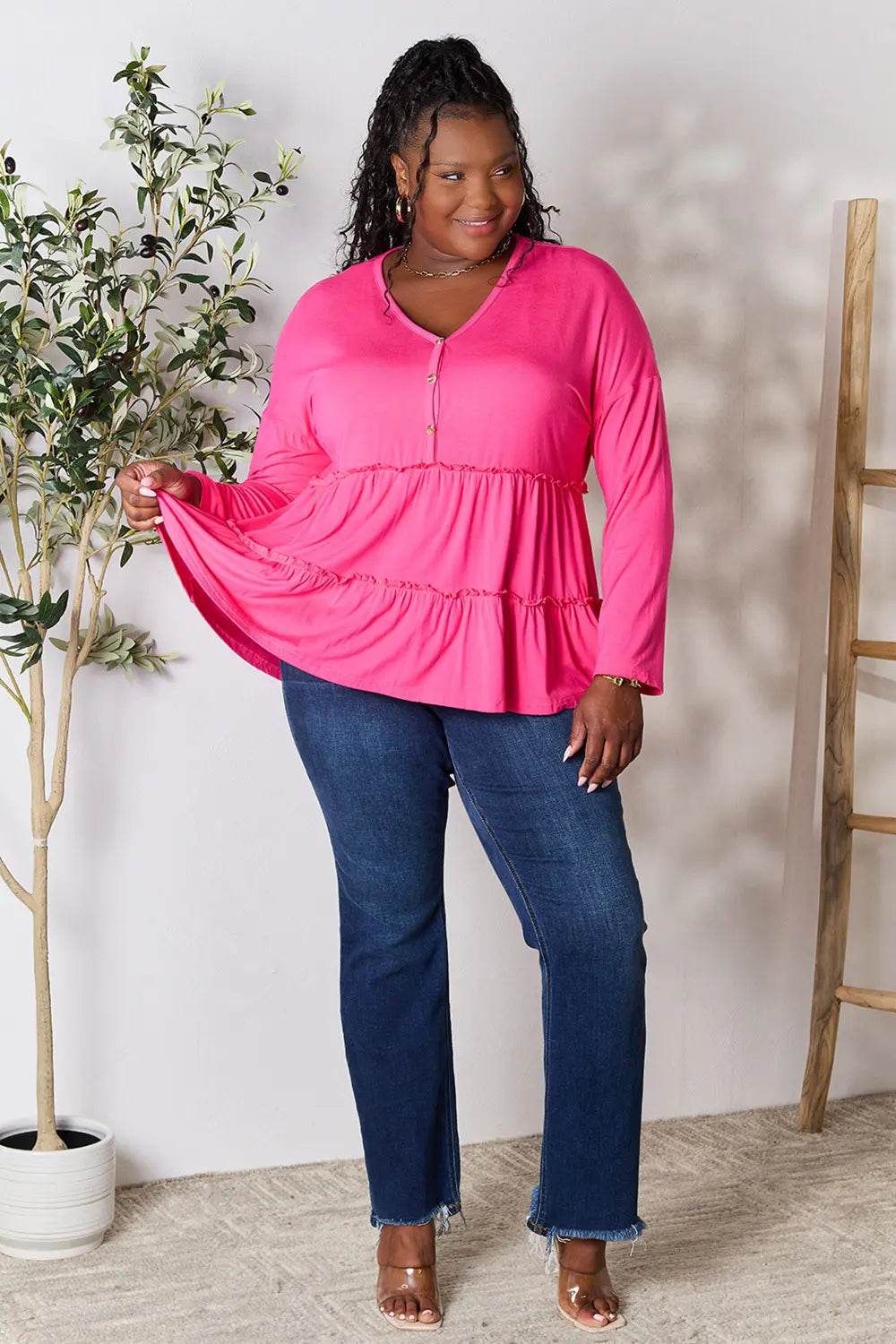 Double Take Half Button Long Sleeve Ruffle Hem Blouse - Shop Style & More | Fresh Looks, Everyday Deals & Free Shipping