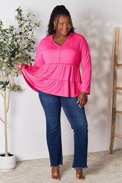 Double Take Half Button Long Sleeve Ruffle Hem Blouse - Shop Style & More | Fresh Looks, Everyday Deals & Free Shipping