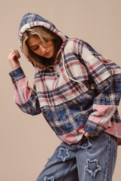 BiBi Drawstring Plaid Drop Shoulder Hoodie Hoodies & Sweaters