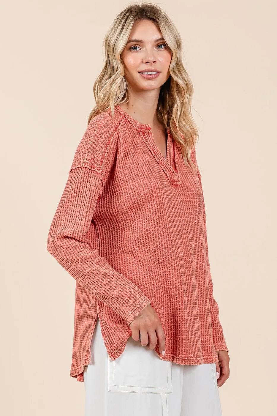 Mittoshop Mineral Wash Waffle Knit V-Neck Long Sleeve Top - Shop Style & More | Fresh Looks, Everyday Deals & Free Shipping