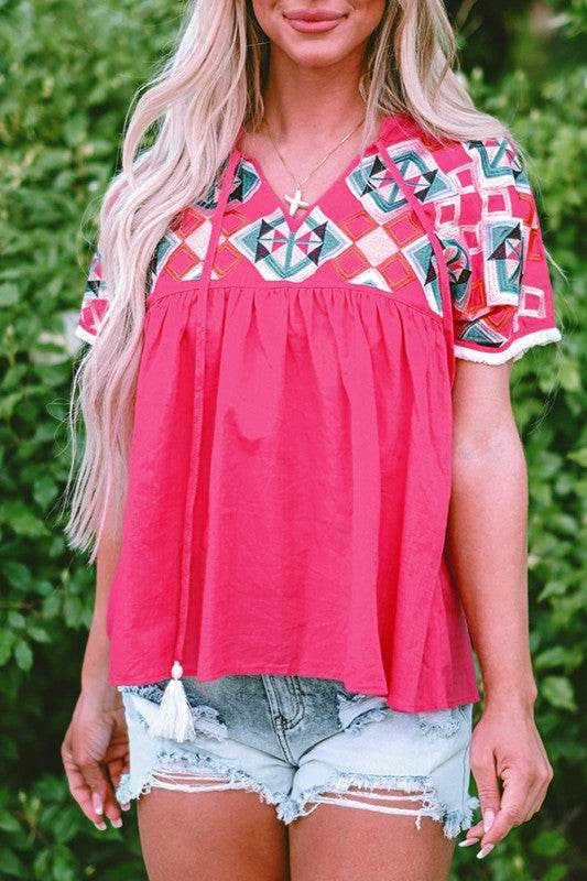 Zayla Embroidered Tassel Tie V Neck Blouse - Shop Style & More | Fresh Looks, Everyday Deals & Free Shipping