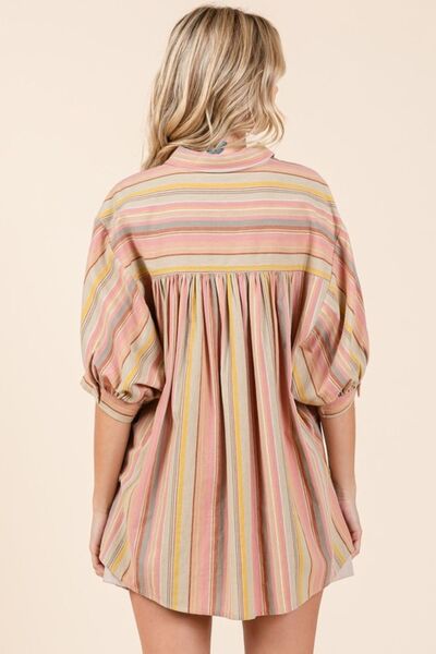 Mittoshop Striped Bubble Sleeve Button Down Shirt Blouses