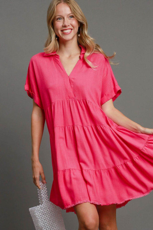 Umgee Full Size Raw Hem Folded Sleeve Tiered Dress Plus Size - Shop Style & More | Fresh Looks, Everyday Deals & Free Shipping