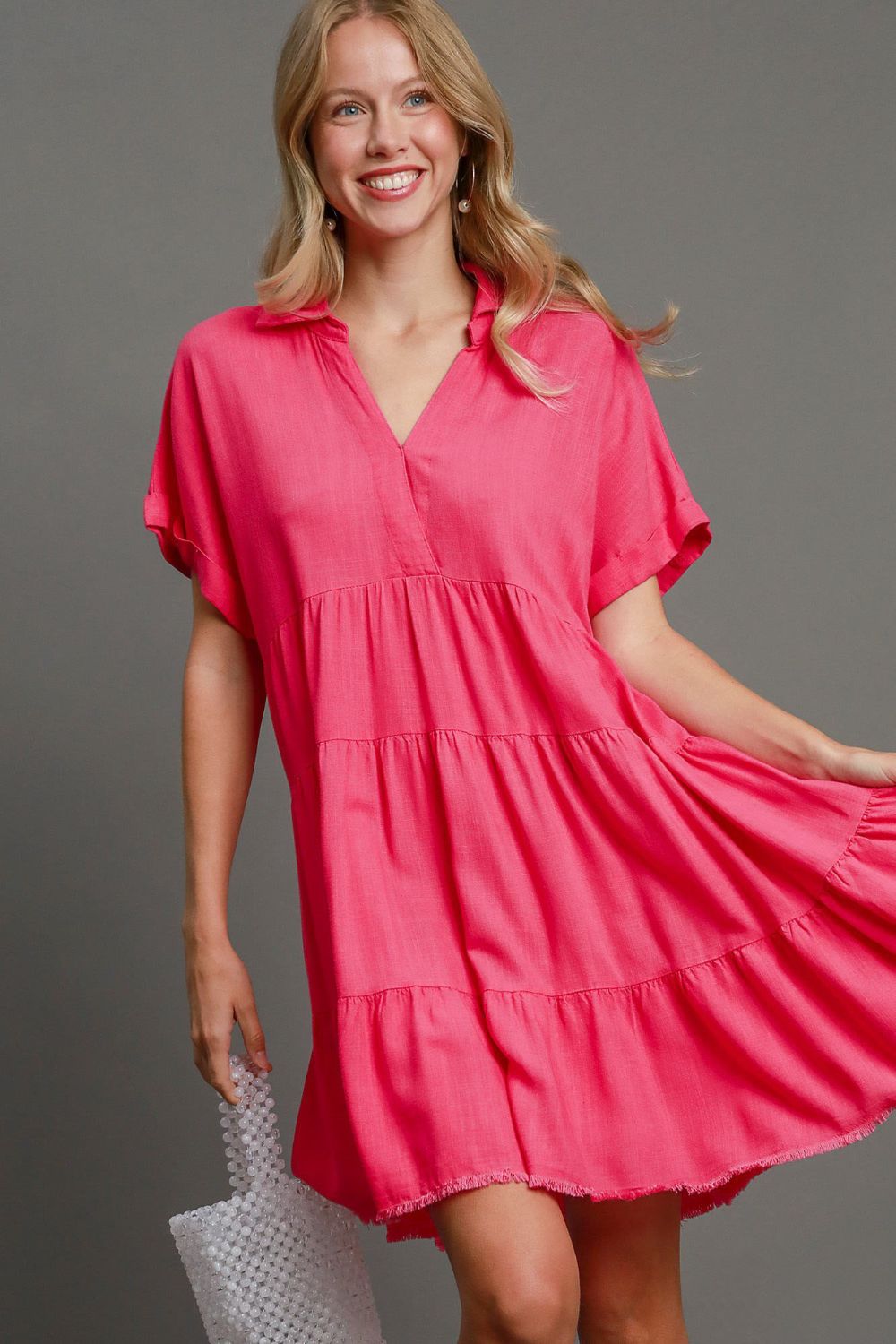 Umgee Full Size Raw Hem Folded Sleeve Tiered Dress Plus Size Hot Pink Casual Dresses