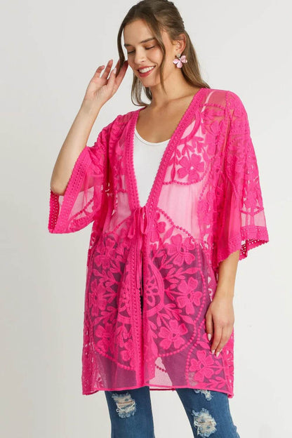 Umgee Full Size Floral Lace Open Front Kimono Sleevee Cover Up with Waist Tie Plus Size - Shop Style & More | Fresh Looks, Everyday Deals & Free Shipping