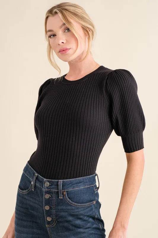 And The Why Puffed Half Sleeve Rib Basic Bodysuit - Shop Style & More | Fresh Looks, Everyday Deals & Free Shipping