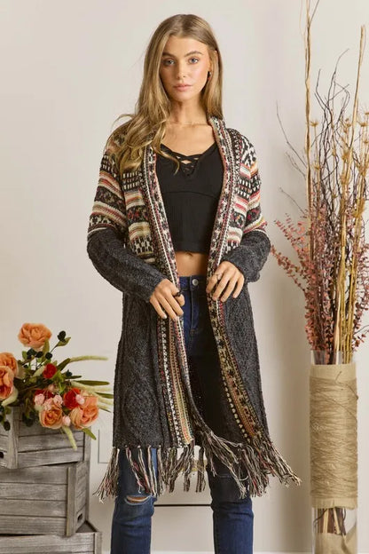 ADORA Full Size Fringe Hem Aztec Cardigan Plus Size Women's Outerwear