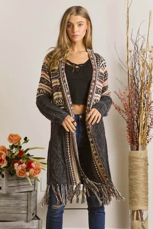 ADORA Full Size Fringe Hem Aztec Cardigan Plus Size - Shop Style & More | Fresh Looks, Everyday Deals & Free Shipping