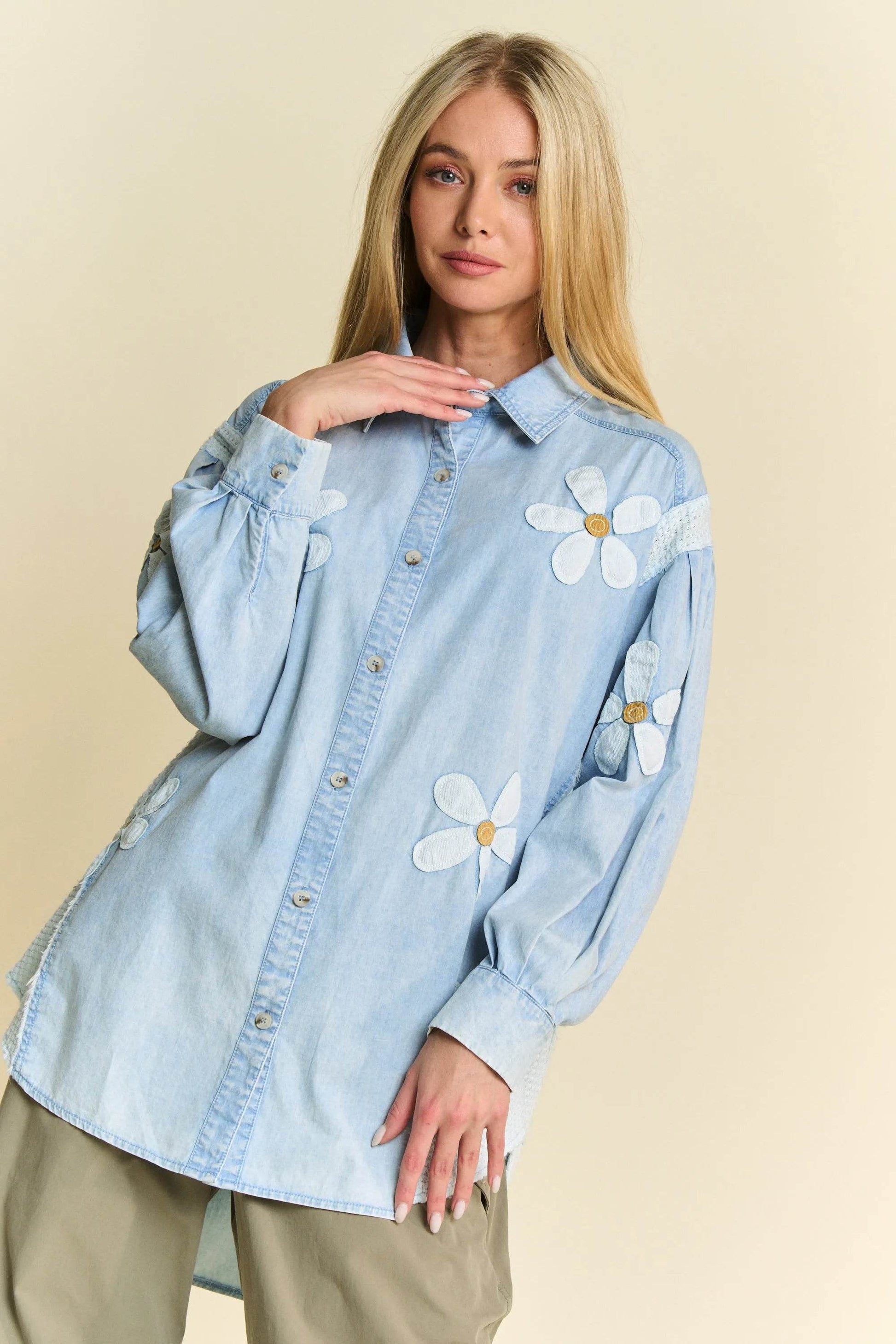 Davi & Dani Lightweight Washed Daisy Patch Waffle Knit Shirt - Shop Style & More | Fresh Looks, Everyday Deals & Free Shipping