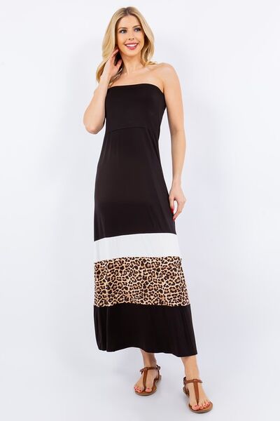 Celeste Full Size Leopard Color Block Tube Maxi Dress Plus Size Casual Dresses