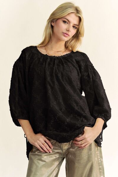 Davi & Dani Tied Round Neck Mesh Blouse Black Blouses