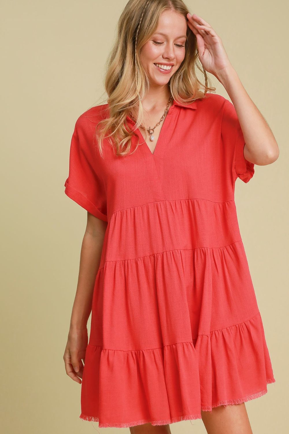 Umgee Full Size Raw Hem Folded Sleeve Tiered Dress Plus Size Strawberry Casual Dresses