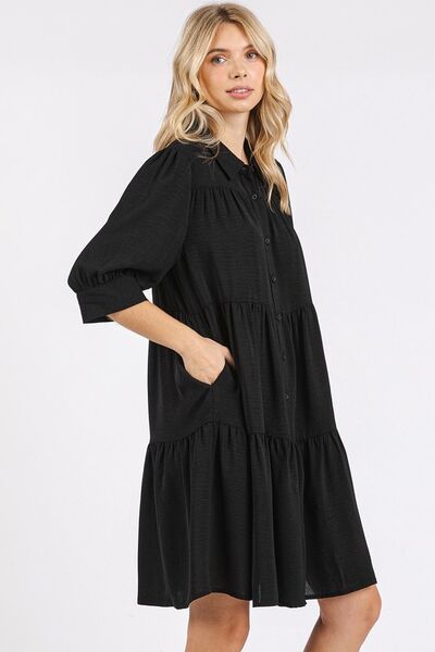 Mittoshop Button Detail Collared Neck Tiered Shirt Dress Casual Dresses