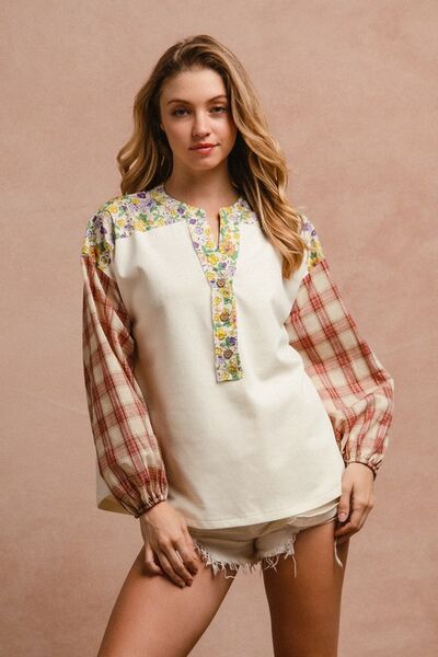 BiBi Floral Notched Plaid Balloon Sleeve Top Blouses