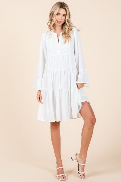 Mittoshop Tiered Notched Flare Sleeve Dress Casual Dresses