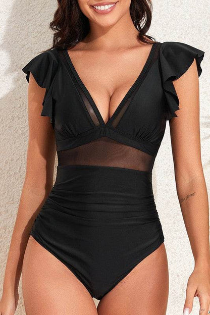 Deep V Neck Ruffle Color Block Lace Swimsuit - Shop Style & More | Fresh Looks, Everyday Deals & Free Shipping