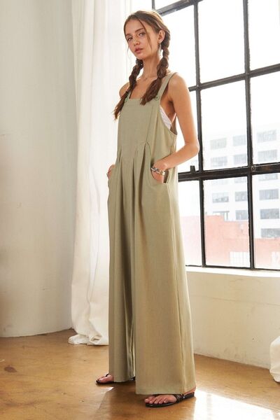 ADORA Square Neck Wide Leg Overalls with Pockets Jumpsuits